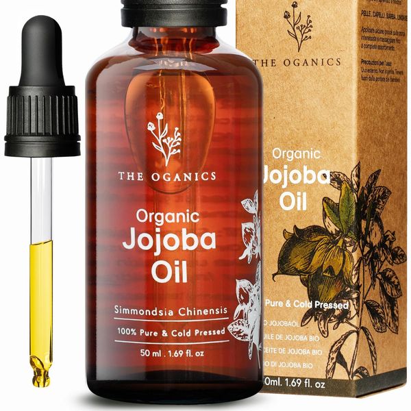 The Oganics Jojobaöl, 100% Rein, Natürlich und Kaltgepresst, Nährt und Schützt Haut, Gesicht, Haare und Nägel – Antialterung, Vegan und Tierversuchsfrei, Jojobaöl, Glasflasche + Pipette