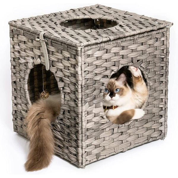 MEWOOFUN Rattan Wicker Cat Bed House with Cushion Outdoor Indoor Pet Kitten