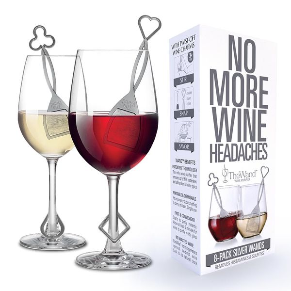 PureWine Wine Wands Purifier, Filters Histamines and Sulfites - May Reduce and Alleviate Wine Allergies & Sensitivities - Includes Wine Glass Accessory for Gifting, Holiday (8 Pack)