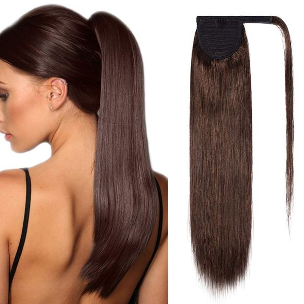 14 inches SEGO Ponytail Extension 100% Real Remy Human Hair #4 Medium Brown [Wrap Around] One Piece Clip in Hair Extension Invisible Straight (80g)