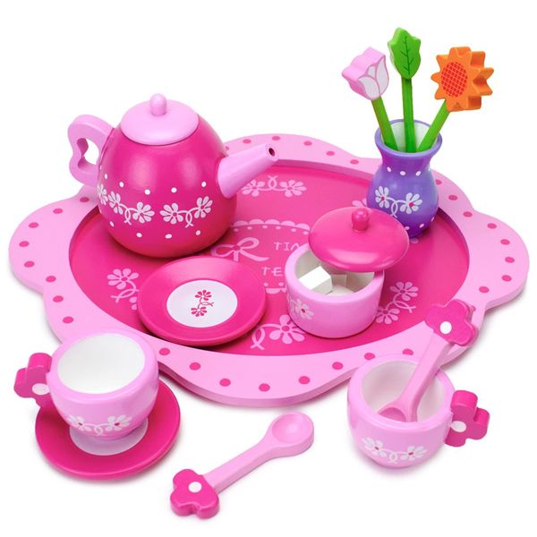 Imagination Generation Pink Blossoms Tea Time Set for Two – Wood Eats! Tea Party Playset with Tea Cups, Kettles, Saucers, Spoons, Flowers, & Floral Tray – Play Food Accessories (16pcs.)