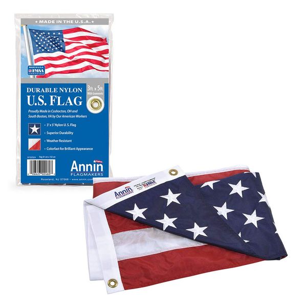 Annin Flagmakers Model 2460 American Flag Nylon SolarGuard NYL-Glo, 3x5 ft, 100% Made in USA with Sewn Stripes, Embroidered Stars and Brass Grommets