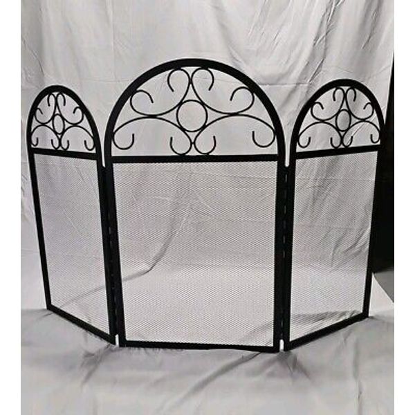 VTG Wrought Iron Decorative Fireplace Screen 3 Panel Black