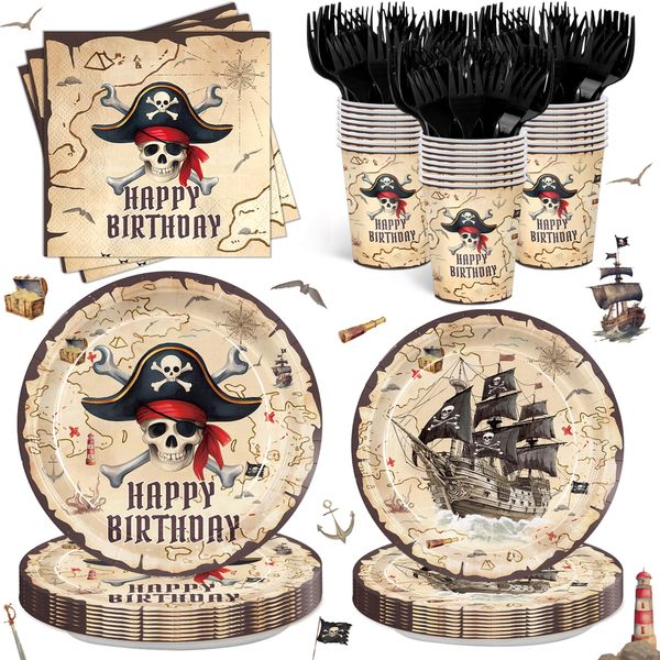 120pcs Pirate Party Plates and Napkins Pirate Birthday Party Supplies Paper Cup Treasure Map Adventure Theme Party Decorations for Pirate Birthday Party Serve 24 Guests