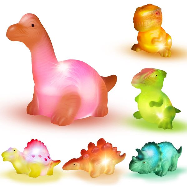 Light Up Bath Toys,6 Packs Floating Dinosaur Bathtub Toys for Toddlers,No Hole Baby Bath Toys for Kids,Great Birthday Christmas Easter for Boy and Girl Preschool