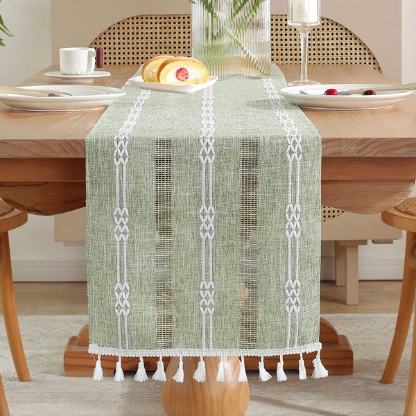 AUAUY Table Runner with Handmade Tassels, Boho Style Sage Green Weave Stripes Polyester Fabric Table Runner, Macrame Table Decoration for Holiday Party Dining Wedding and Everyday Use(33x180cm)