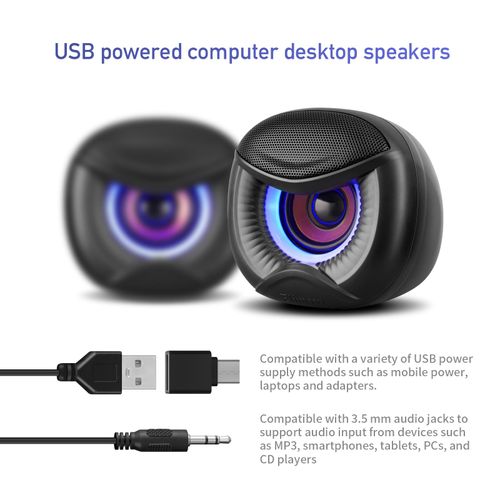 Elimavi USB Powered Gaming Computer Speakers with RGB Blue Lighting 2.0 Stereo Sound System, Headphone Jack, Plug and Play, Works with PC/Laptop (USB-C Adapter Included)