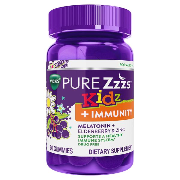 VICKS PURE Zzzs Kidz + Immunity, Melatonin Sleep Aid Gummies for Kids and Children, Zinc for Immune Support, Low Dose Melatonin, Berry Flavored, 60 Gummies