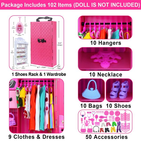 Ecore Fun Fashion Doll Closet Wardrobe for Doll Clothes and Accessories Storage - Lot 102 Items Include Clothes, Dresses, Shoes, Bags, Necklace, Shoes Rack, Hangers for 11.5 Inch Girl Doll Clothes