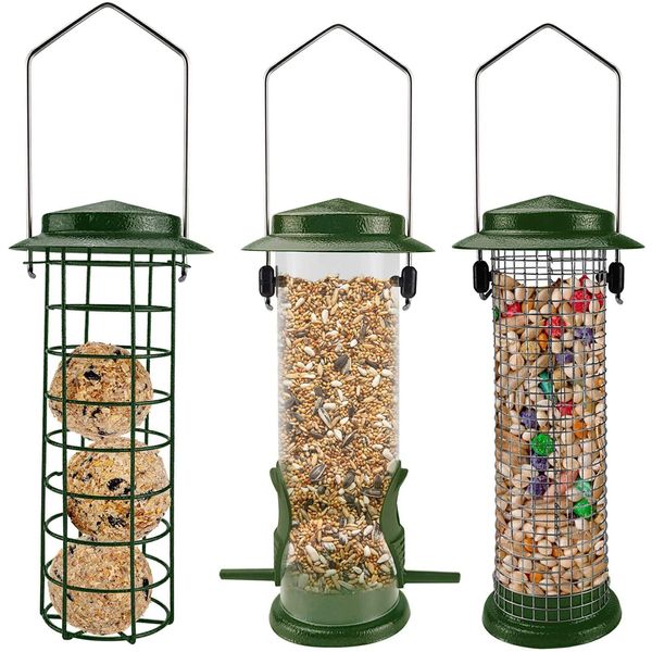 Urban Deco Metal Bird Feeders Hanging Station Fat Ball Bird Feeder Mesh Squirrel Feeder With Steel Hook Bird Seed Feeder - Weather Proof See Through Bird Feeder For Small Birds - Green- Pack Of 3