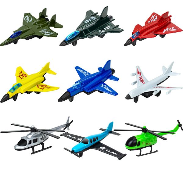 Ynybusi Pull Back Plane Toy - 9 Pack Alloy Airplane Toys for 1 2 3 4 5 6 Year Old Boys Girls, Aircraft Helicopter Toy Models Push and Go Aeroplane Toy Cars for Kids Christmas Birthday Gift