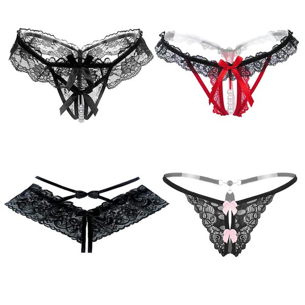 4er Packs String Ouvert Damen mit Perlen Blumen Loch Set Frauen Frau,Schwarz Spitze Sexy Tanga Strings Unterwäsche Mit Offenem Schritt Tangas G-String Reizwäsche Thongs V-String Höschen (4 Muster)