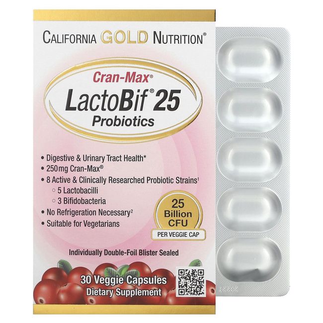 California Gold Nutrition LactoBif Probiotics CranMax 25 Billion CFU 30 Capsules