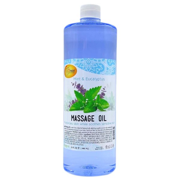 SPA REDI - Massage Oil, Mint Eucalyptus, 32 Oz - Professional Full Body Massage Therapy, Manicure, Pedicure - Relax Sore Muscles and Repair Dry Skin, Enhanced with High Absorption Oils and Vitamin E