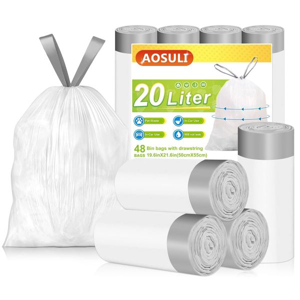 Bin Bags 20L with Drawstring Tie Handle,AOSULI White Bin Liners/Strong Trash Bags