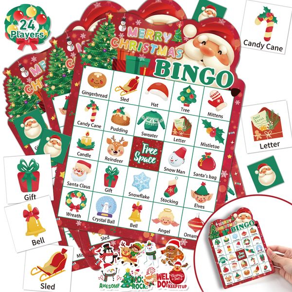 YOYOJOY 39 PCS Christmas Bingo Game for Kids Adults, 24 Players Christmas Bingo Cards, Xmas Party Games for Family Classroom with Reward Stickers