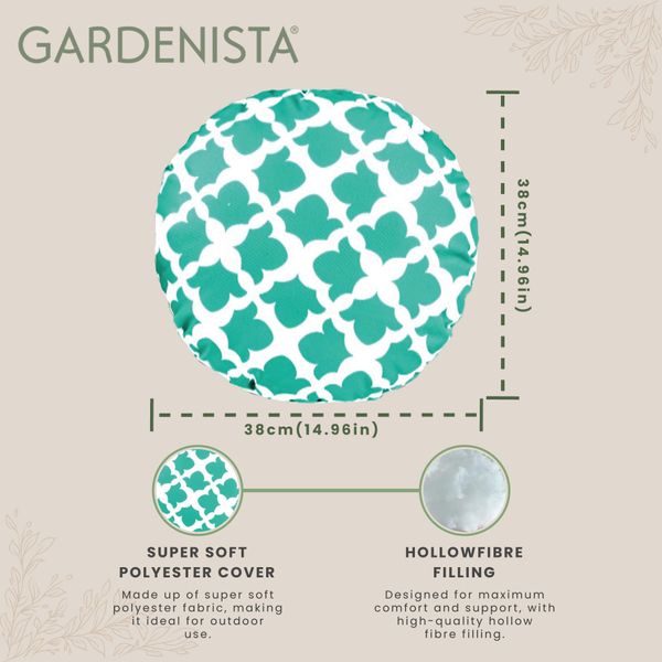Gardenista Outdoor Round Decorative Cushion | Water Resistant Indoor Garden Printed Cushions | Soft & Comfy Hollowfibre Filled Patio Furniture Pillow | Easy to Clean (Green, 38x38cm)