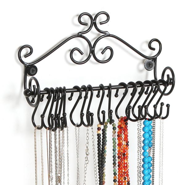 MyGift Jewelry Organizer - Wall Mounted Black Metal Scrollwork Design Necklace Holder Jewelry Display Storage Rack with 20 Hanging S-Hooks