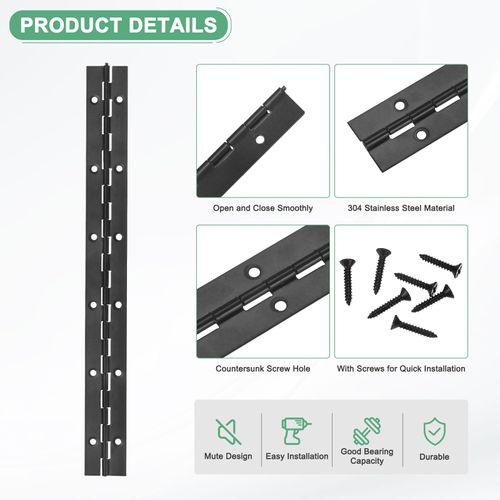 M METERXITY 6-Pack Piano Hinges, 12 Inch / 300mm 304 Stainless Steel Continuous Piano Hinge with Holes and Screws for Cabinets Door/Storage Box [1.2X 0.04/ 30x 1mm Open Width Thick, Black]