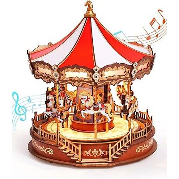 Rolife Wooden 3D Puzzles Building Toys DIY Carousel Music Box with Lights Gifts