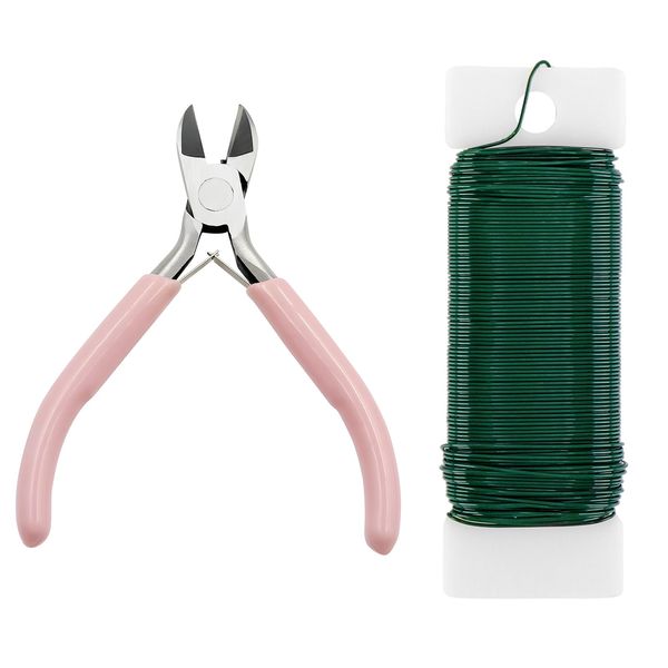 Florist Wire, Green Wreath Wire 2Pcs Floral Arrangement Kit 22Gauge Garden Floral Stem Wire Floristry Making Supplies Paddle Wire Cutter for Wedding Garland Bouquet Stem Wrap Craft DIY Flower Festival