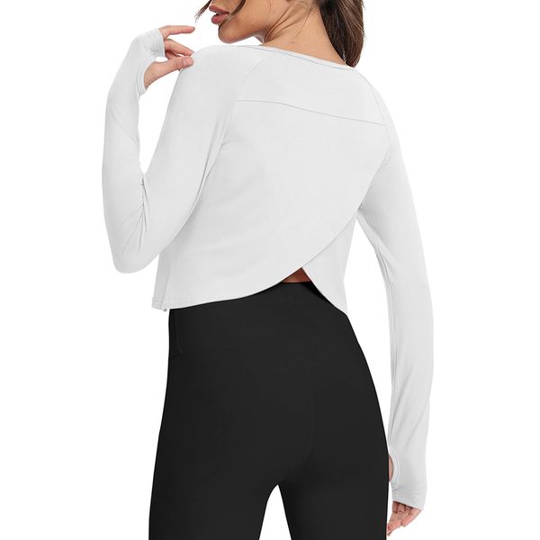 Bestisun Long Sleeve Workout Shirts Yoga Dance Top Split Back Gym Tennis Sports Exercise Training Shirt Women Stretch Fitness Crop Tops White M