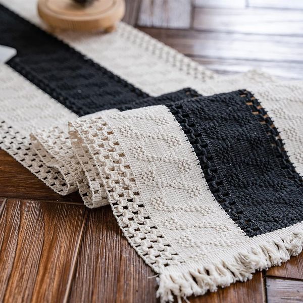 Weldomcor Macrame Table Runner Beige and Black Boho Table Runner with Tassels Hand Woven Cotton Table Runner Rustic Farmhouse Table Runner for Bohemian Kitchen Dining Table 30 x 180 cm