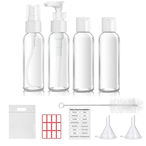 MORICOH 4 Stück Reiseflaschen Set, 100ml / 3.5OZ Kunststoff Leere Spender Liquid Flaschen mit 1 Stück Plastikbeutel für Flüssigkeiten zugelassen (20x20cm)