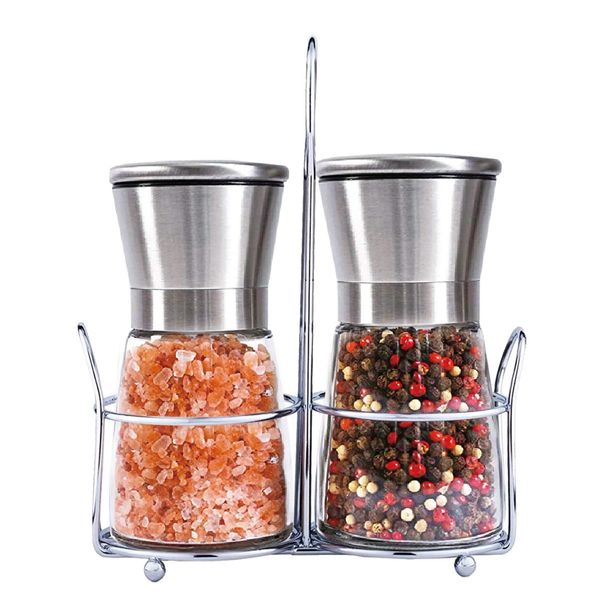 Salt and Pepper Mill Set with Stainless Stand, Adjustable Coarseness Refillable Salt and Pepper Grinder Set of 2, Ceramic Grinding Core and Durable Glass…