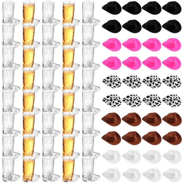 Sumind Cowboy Cowgirl Party Decorations Supplies Plastic Mini Western Cowboy Hats with 1 oz Miniature Cowboy Boot Shot Glasses (40 Pcs)