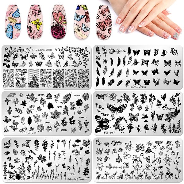 JSRQT 6Pcs Nail Art Stamping Plates, Butterfly Flower Feather Leaves Nail Stamping Plates Set, Nail Stencils Templates for Nail Art DIY, Metal Nail Printing Image Plates for Women Girl Manicure Art