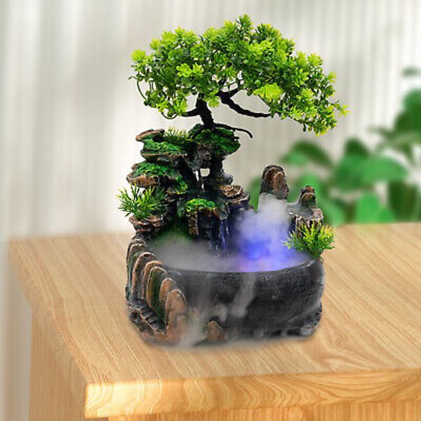 Indoor Water Fountain LED Light Tabletop Resin Rockery Fengshui Waterfall Decor