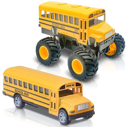 ArtCreativity 5 Inch Pull Back School Bus Toy Set - Set of 2 - Includes 5 Inch Monster-Wheel Bus and 5 inch Classic Schoolbus, Diecast Bus Playset with Pull Back Mechanism, Great Gift Idea for Kids