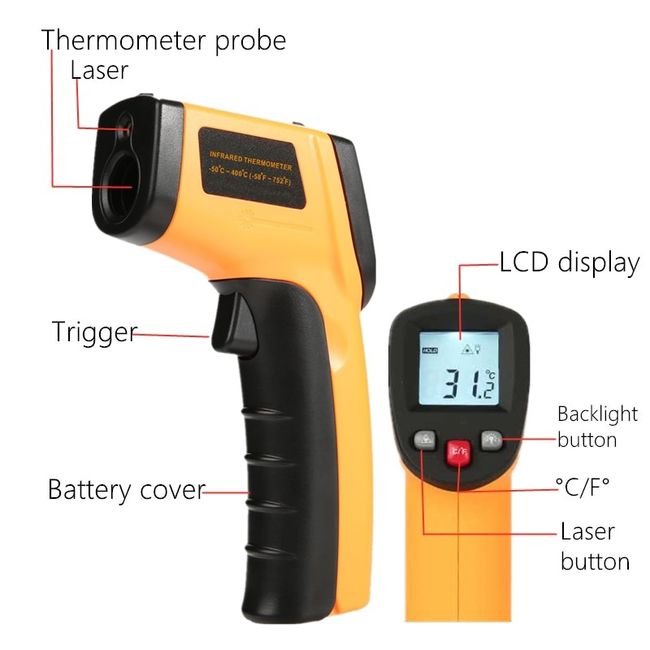 Infrared Thermometer Temperature Gun 50c ~380c Digital Laser Thermometer  Gun Ir Thermometer Temp Gun With Adjustable Emissivity & Max Min Avg Measure