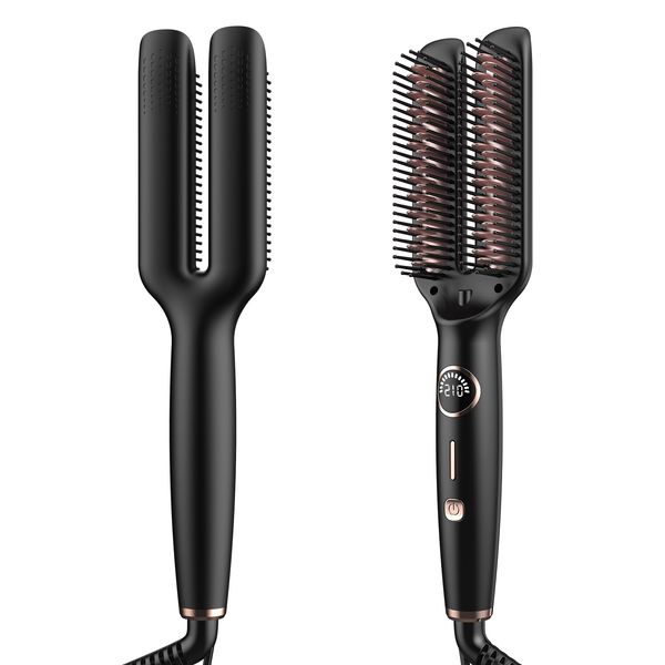 2 in 1 Hair Straightener Brush & Curler with Ceramic Coating - PTC 20s Fast Heating Hair Straightener Comb, 5 Temps Settings up to 210-410F, Dual Voltage 110-240V Travel Hair Straightener