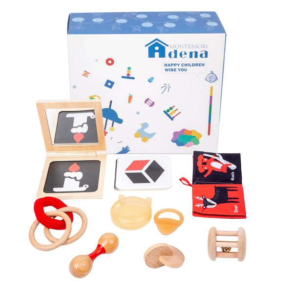 Adena Montessori Play Kit for 3-4 Months Baby,8 in 1 Wooden Learning Educational Toys for Toddler,Include Framed Mirror Book,High-Contrast Cards and More,Christmas Birthday Gift for Boys Girls