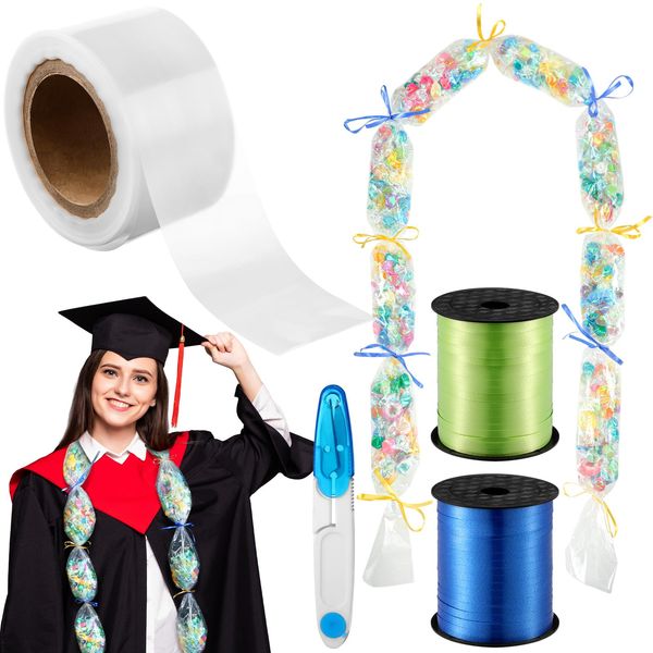 Jexine 118 Feet Graduation Hawaiian Candy Lei Making Kit Includes 30 Pcs Candy Lei Bags 750 Feet Ribbon 24 Pcs Hibiscus Cards for Graduation Party Gift(Clear,Brief)