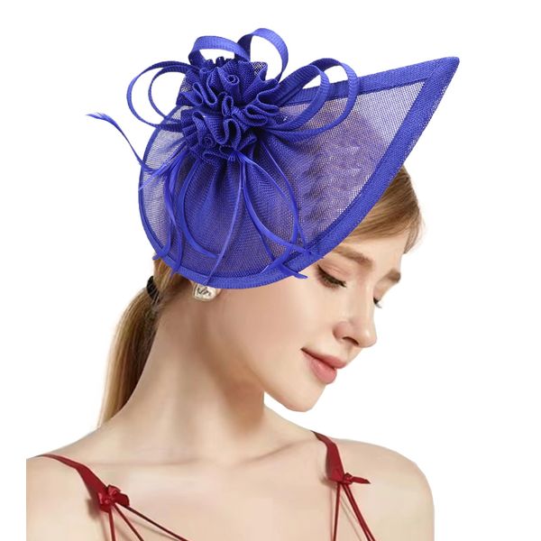 Coolwife Fascinators Sinamay Hat Womens Feather Pillbox Derby Tea Party Hat (ZA Royal Blue)