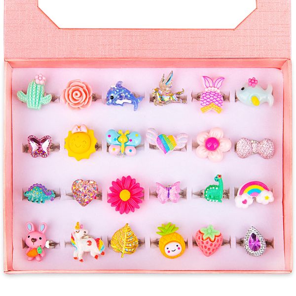 ArtCreativity Little Girls Jewelry Rings in Gift Box, Set of 24 Cute Rings, Lovely Rings for Little Girls, No Duplicates, Girls Jewelry in Gift Box, Pretend Play & Dress Up Rings for Girls Ages 3+