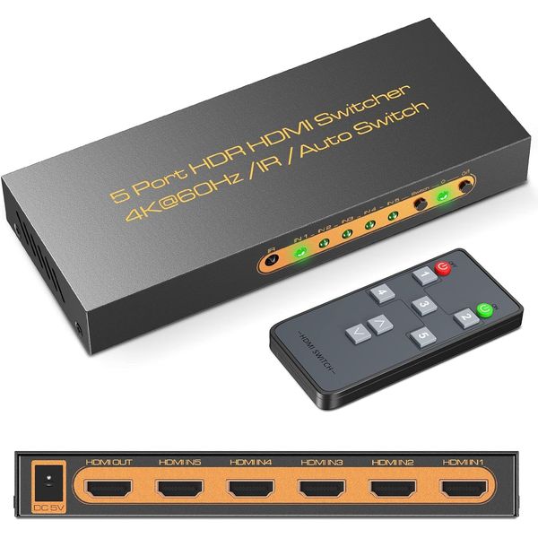 HDMI Switcher 2.0, 5 Input, 1 Output, 4k@60Hz HDCP2.2 HDR, Supports PS5, PS4, Nintendo Switch with Remote Control