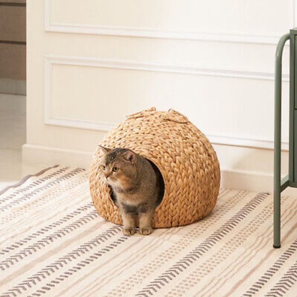 Gertrude Water Hyacinth Woven Wicker Round Cat Bed Cave With Handles Pet House