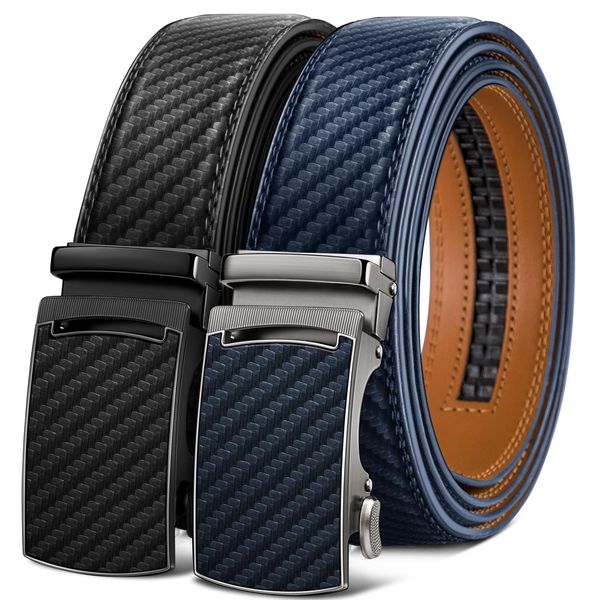 KEMISANT Automatik Gürtel Herren 2 Stücke, Gürtel Ratsche Automatikschließe Ledergürtel für Herren Verstellbar 35mm Breit mit Geschenkbox(Schwarz/Purpurblau,110cm/30-36" taille verstellbar)