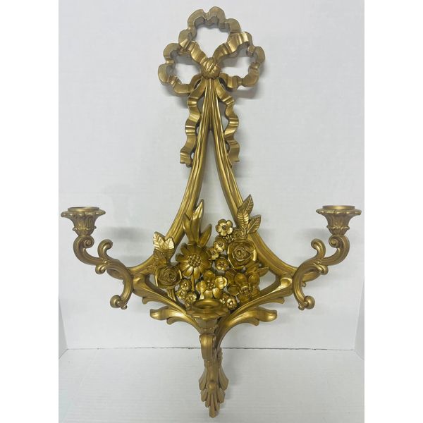 Home Interiors Wall Sconce~  Syroco~ Gold ~ 3 Arm~ Candleholder~