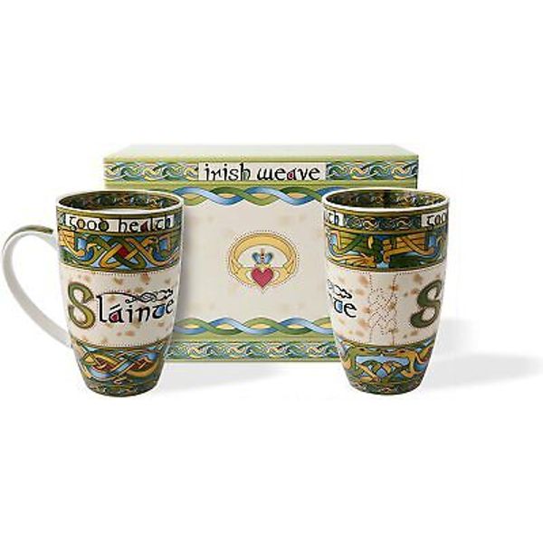 Irish Saying Gaelic Slainte TEA COFFEE MUG SET of 2 Celtic Weave Bone China 14oz