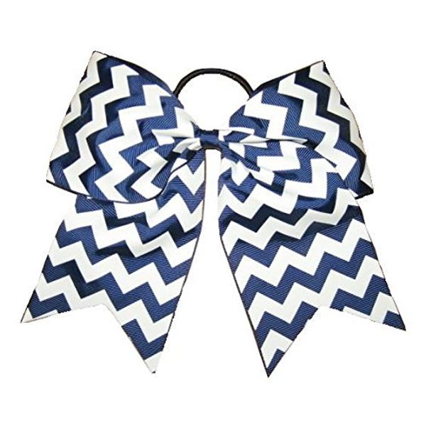 NEW "CHEVRON Navy Blue" Cheer Bow Pony Tail 7 Inch Girls Hair Bows Cheerleading Practice Football Games School Uniform Dance Hairbow Grosgrain Ribbon