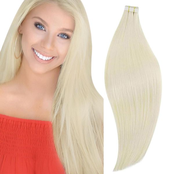 RUNATURE Tape in Extensions Echthaar Blond 50cm 20 Stück invisible Tape Extensions Echthaar Platinblond Menschliches Haar Gerade Echthaar Tape Extensions #60 50g