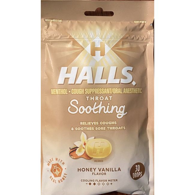 Halls HONEY VANILLA Throat Soothing Lozenges Menthol Cough Suppressant 30 Drops