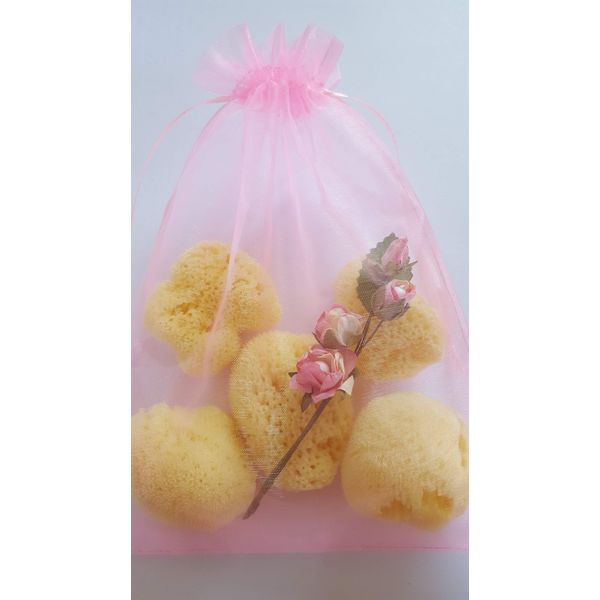 Natural Sea Sponges Fina Silk 5pk: For Cosmetic Use, Makeup Application and Removal, Face Cleansing Exfoliation Presented in a Pink Bag with Paper Rose Decoration