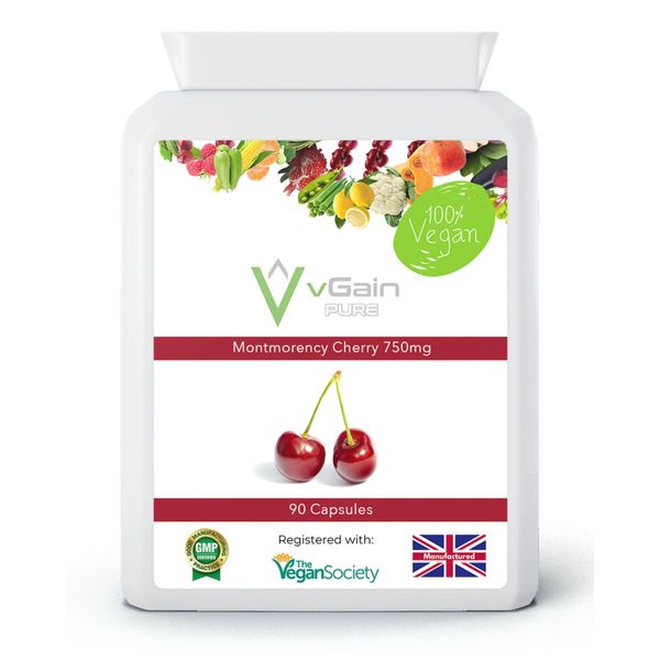 Cherry Montmorency 750mg Capsules - High Strength Sour Cherry Prunus Cerasus Extract by vGain PURE - Certified Vegan by The Vegan Society - Antioxidants - Improves Immunity & Sleep - for Men & Women