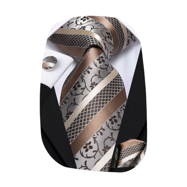 Hi-Tie Khaki Floral Tie Woven Silk Stripe Brown Necktie Wedding Set with Pocket Square Cufflinks